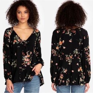 Johnny Was Jade Black Floral Boho Bohemian Peasant Top Blouse Size XS